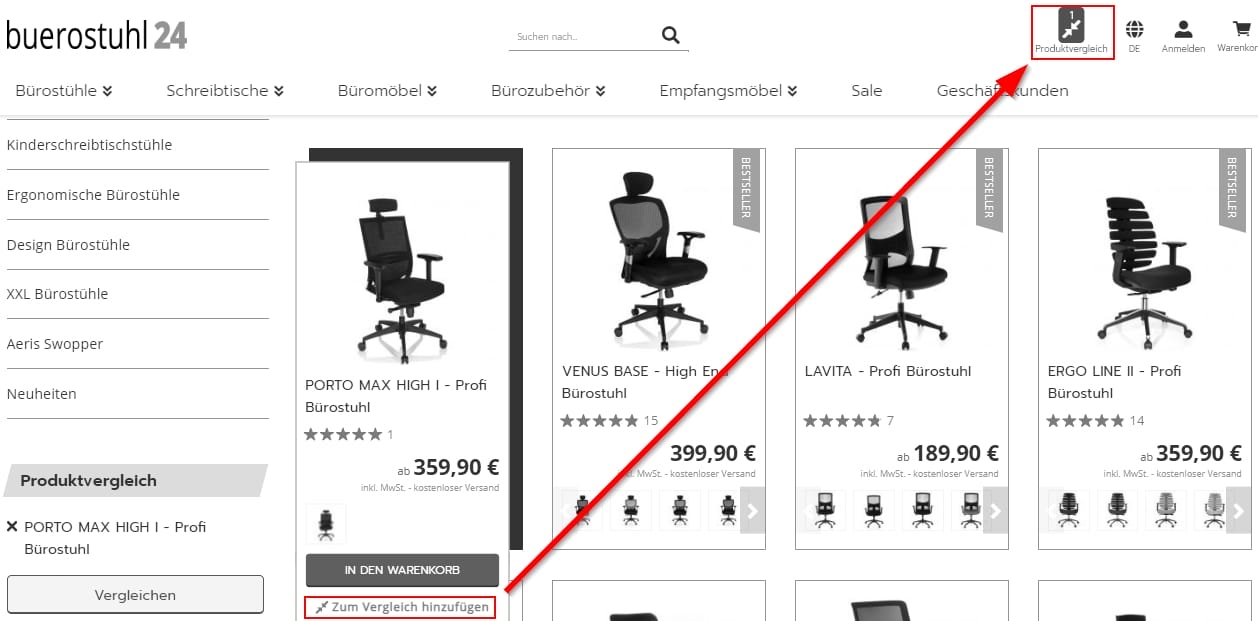 Screenshot Produkt-Vergleich-Funktion auf Buerostuhl24.com