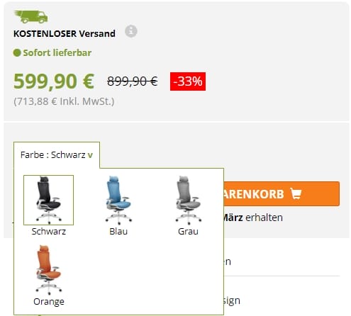 Screenshot Farb-Varianten bei Bürostühlen auf Buerostuhlpro.de