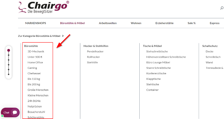 Screenshot Chairgo.de Bürostuhl-Schnell-Kategorien